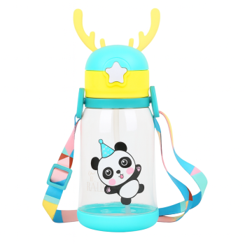 Panda Cute Cartoon Horn Kids Water Bottle with Straw & Strap | 600ml | Green